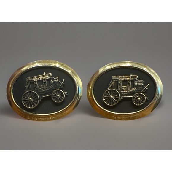 Vintage 1950 Stagecoach Black Gold Hollywood Regency MCM Cuff Links Cufflinks - Picture 1 of 3